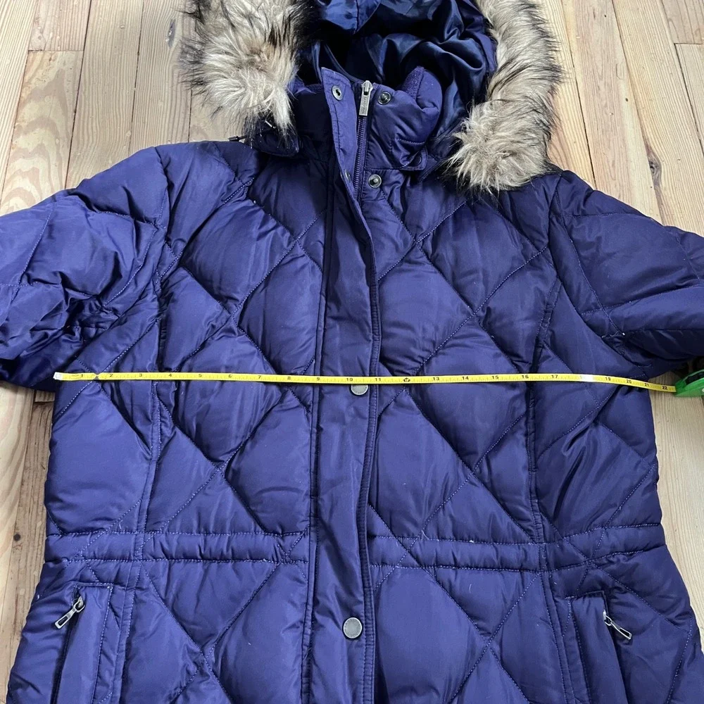 Lands End Women L Purple‎ Diamond Quilted Down Puffer Jacket Faux Fur Hood Lined